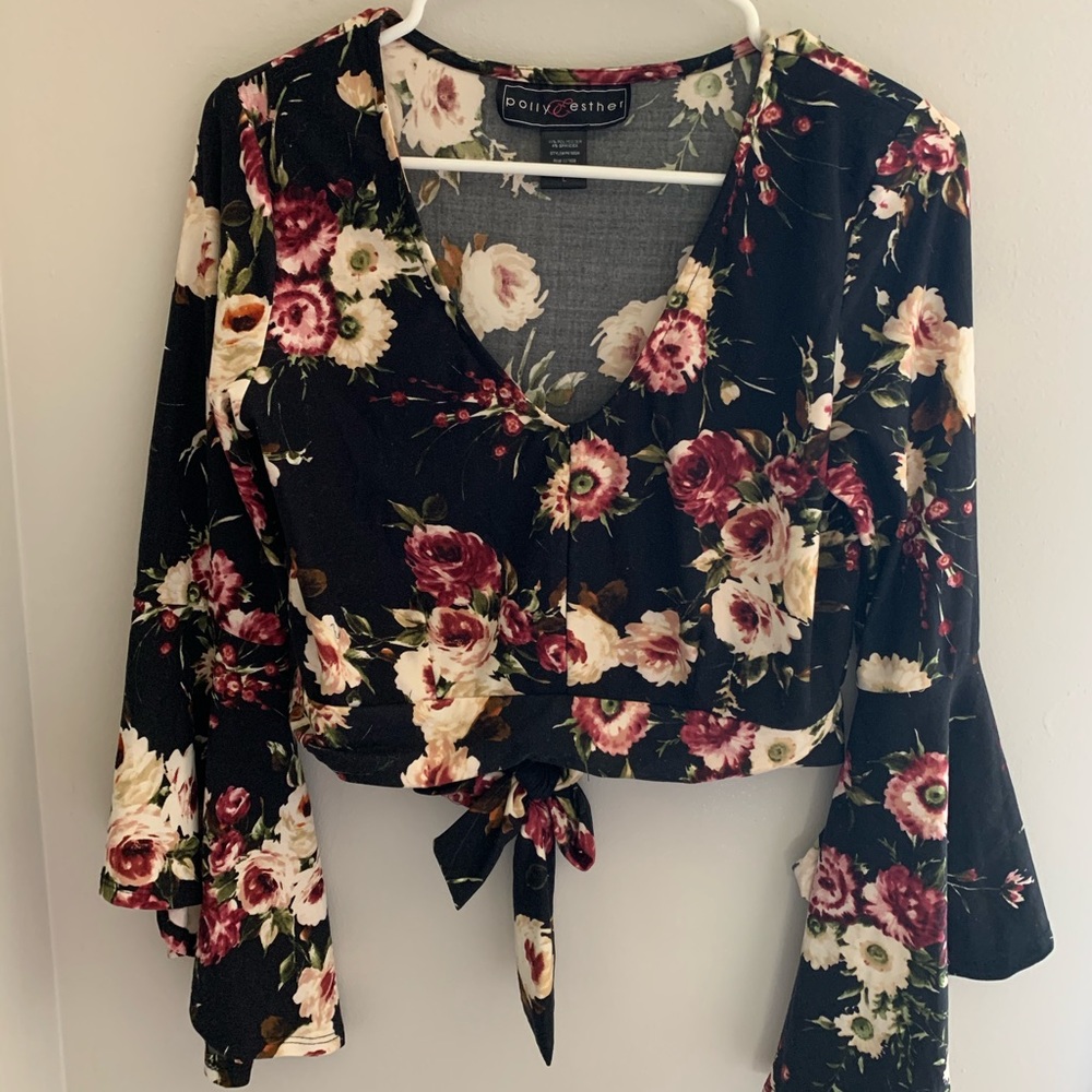Black Floral Crop Top with Bell Bottom Sleeves